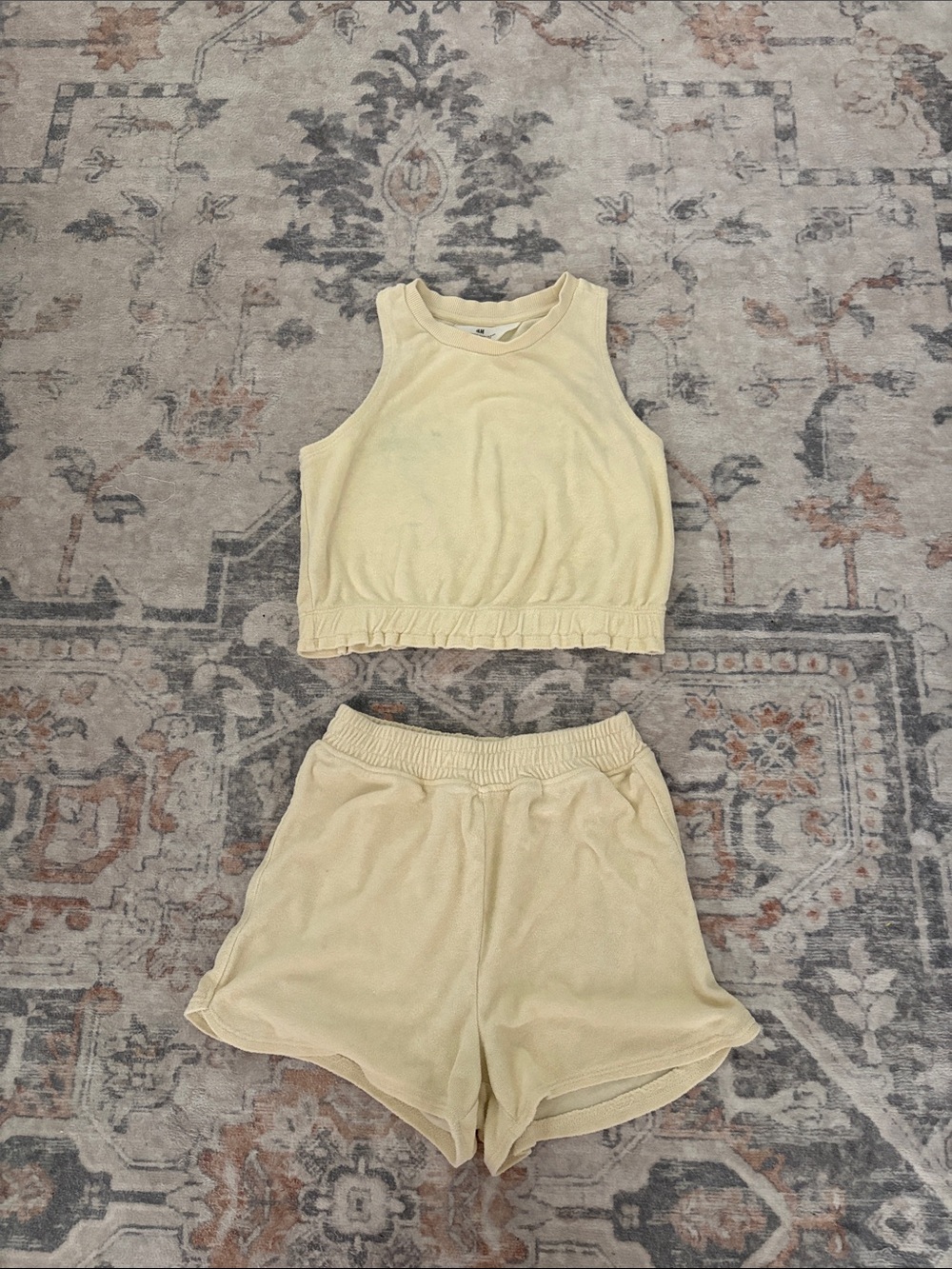 H&M Girls Pastel Yellow Terry Crop Tank and Shorts Set